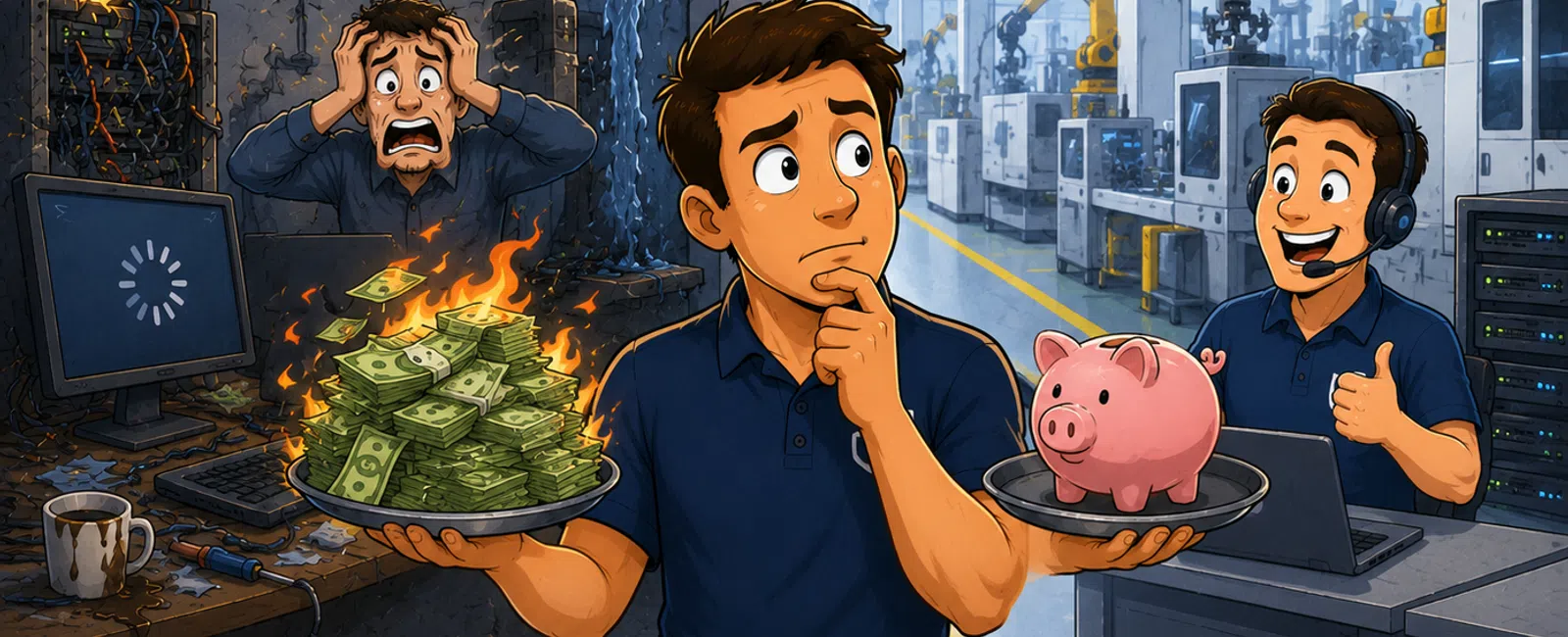 Man choosing between burning money and saving with a piggy bank in a clean modern factory setting with another man at a computer.