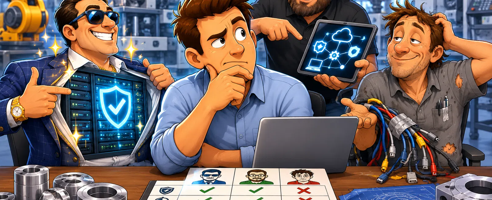 Three men discuss cybersecurity and cloud computing with charts and hardware in a high-tech industrial setting.
