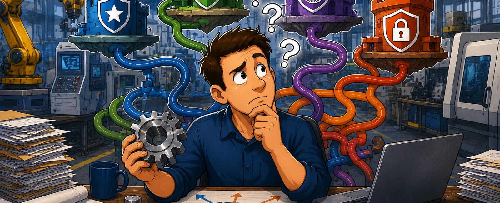 Engineer contemplating complex decisions with gears and symbolic castle icons for security, data, global network, and privacy.
