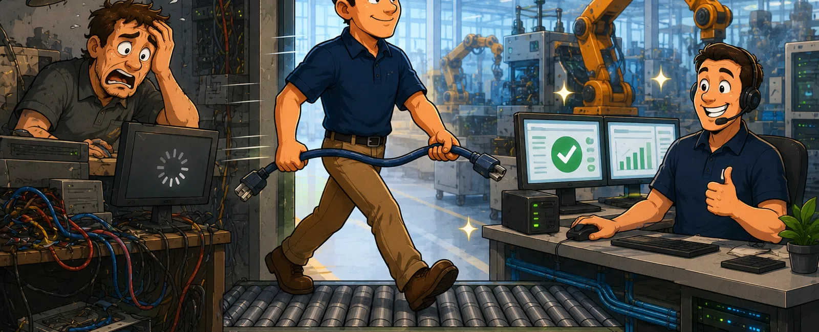 Cartoon of a happy worker unplugging a cable to switch from old, messy tech to new automated systems in a factory.