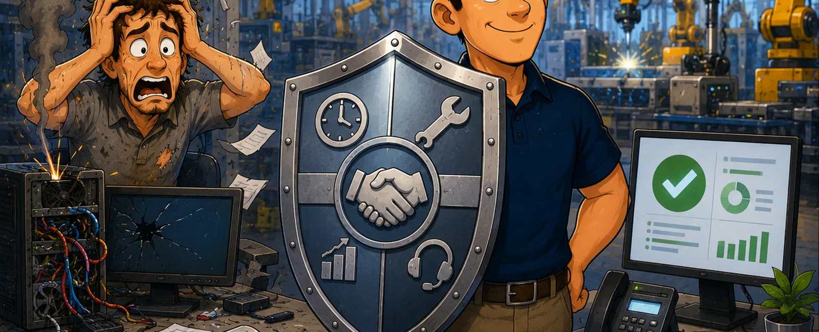 Calm technician with shield protecting office from angry worker and broken computer in factory setting.