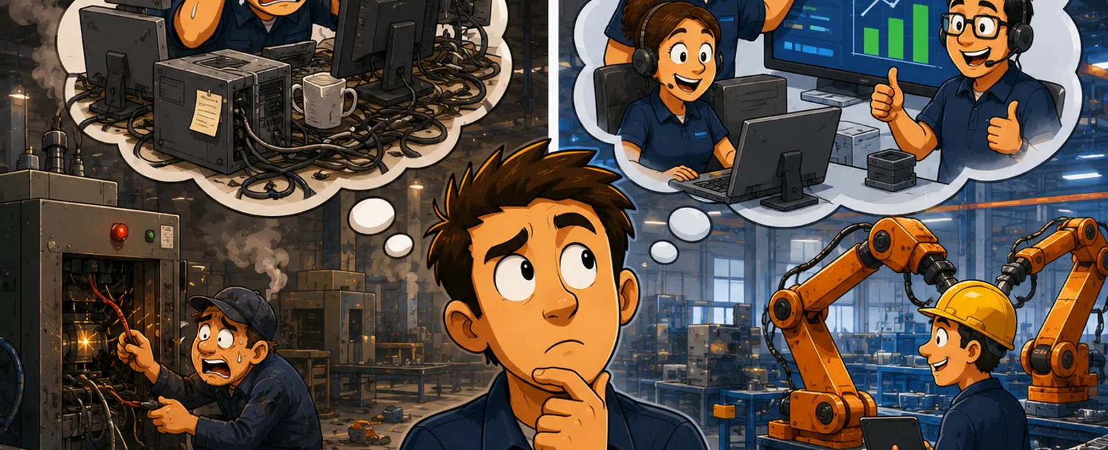 Factory worker considers transitioning from manual repairs to a smart, efficient, cloud-connected automation system.