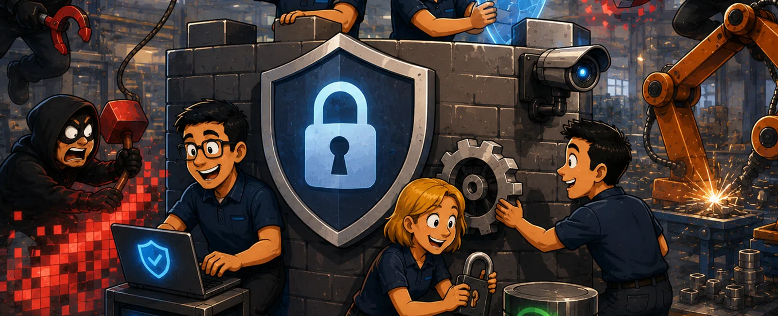 Team securing data with digital shields and locks against cyber attackers in an industrial setting