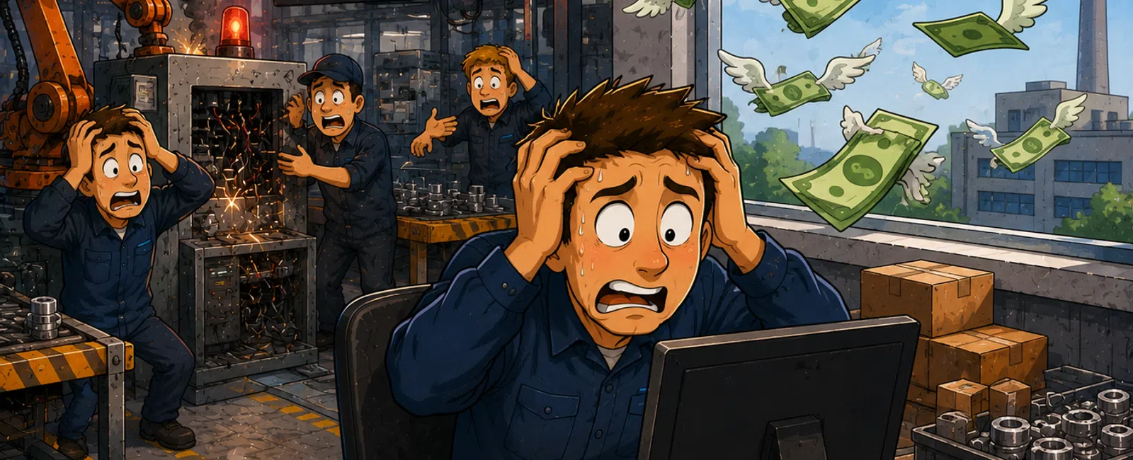 Stressed factory workers react to machine failure and flying money, symbolizing financial loss in a workshop.