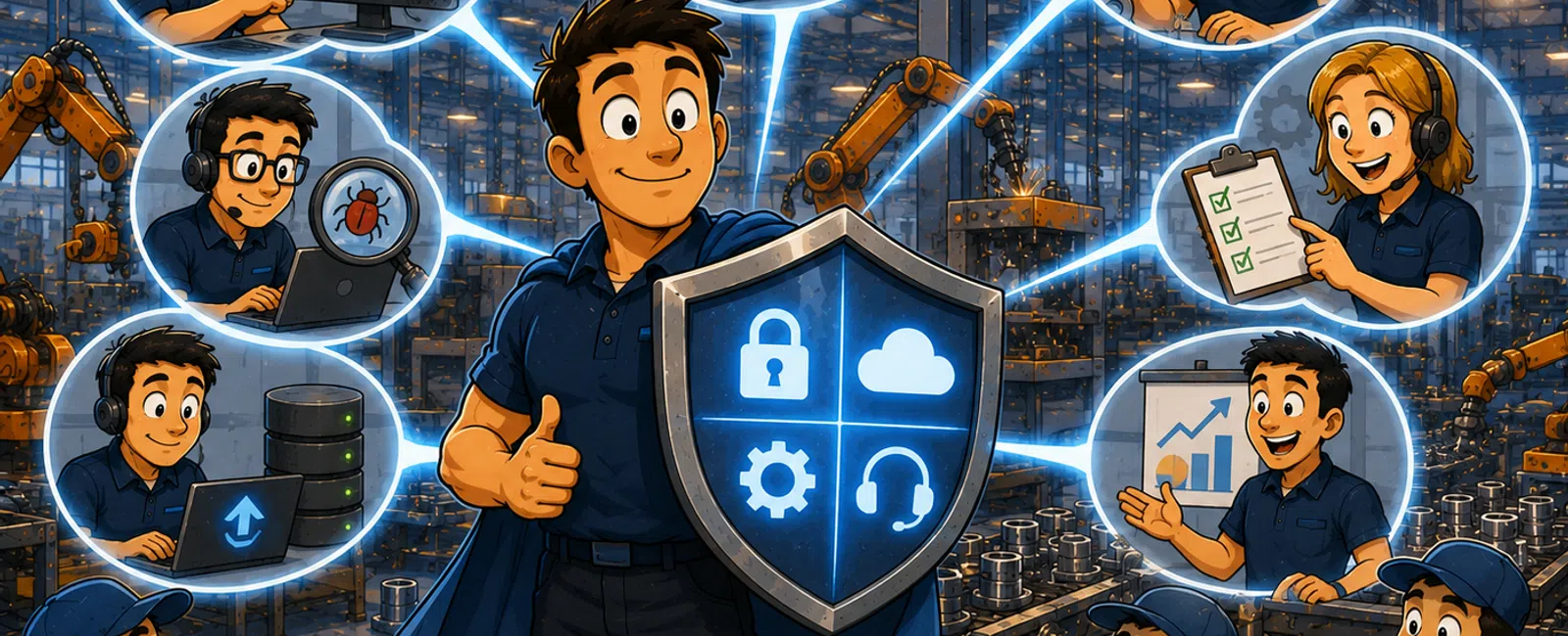 Industrial worker superhero protects factory operations with cybersecurity, teamwork, and technical support icons around him.