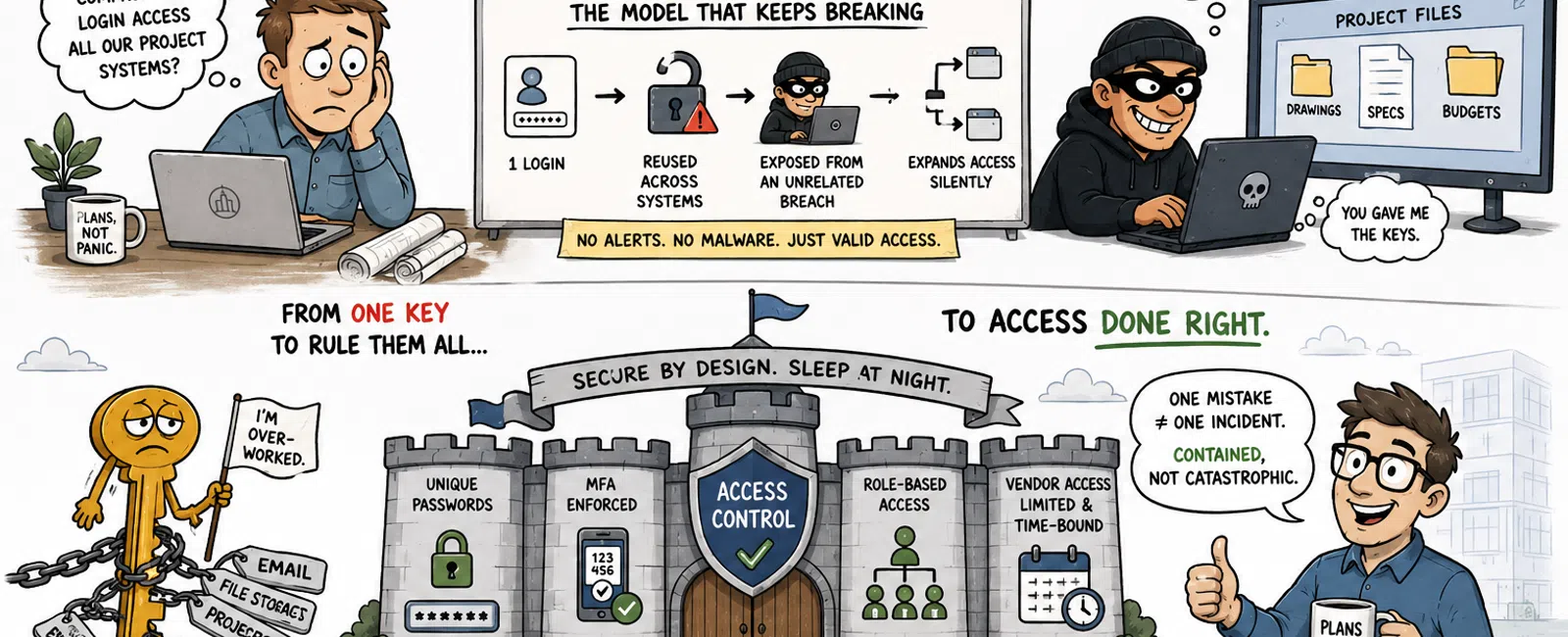 Illustration showing password security issues, control with unique passwords, MFA, and role-based access for project protection.