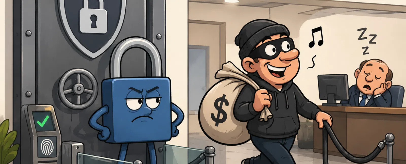 Cartoon thief sneaks out of a bank with a money bag while a secure lock and asleep guard fail to stop him.