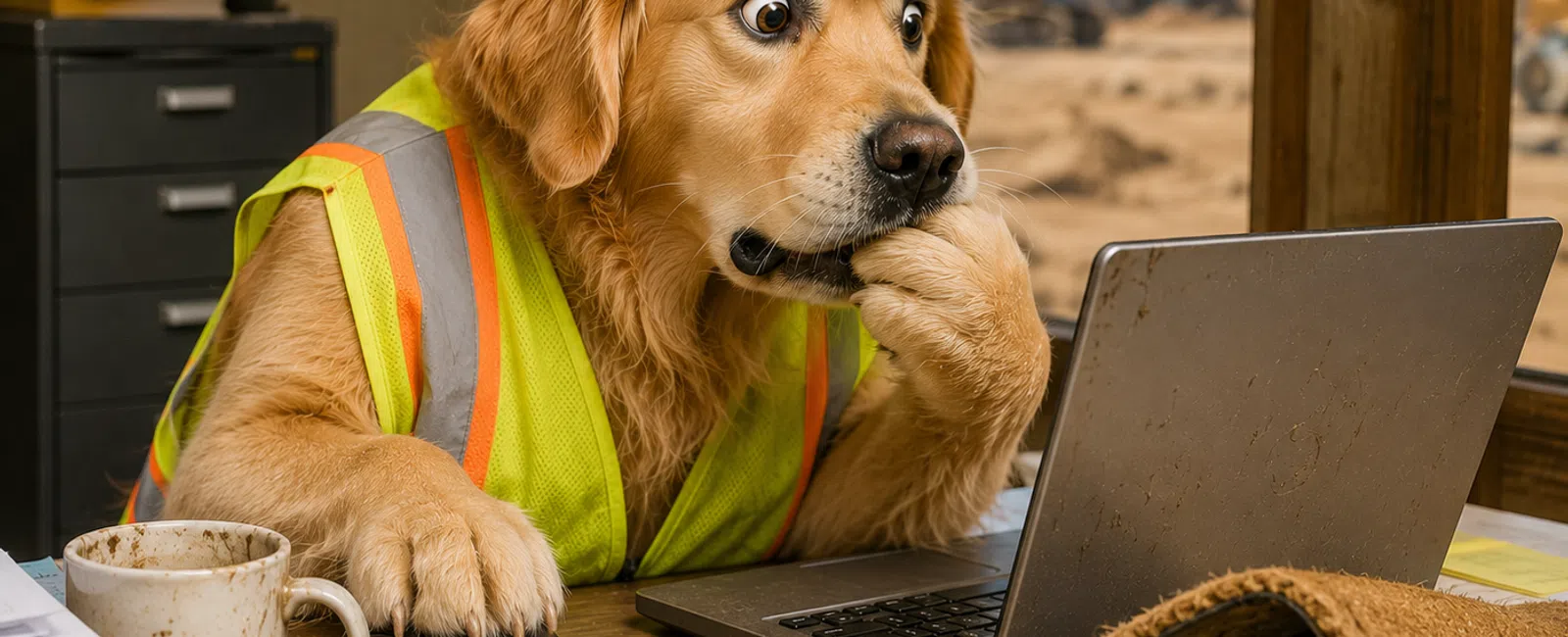 Golden retriever in a construction vest and hard hat nervously working on a laptop at a construction site office.