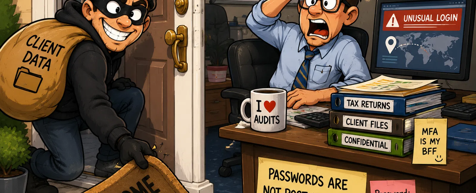 Thief with client data bag hides key under welcome mat as worried employee sees unusual login alert on computer.