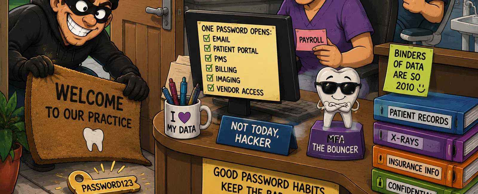 Dental office cartoon showing hacker blocked by strong password habits and multi-factor authentication measures.
