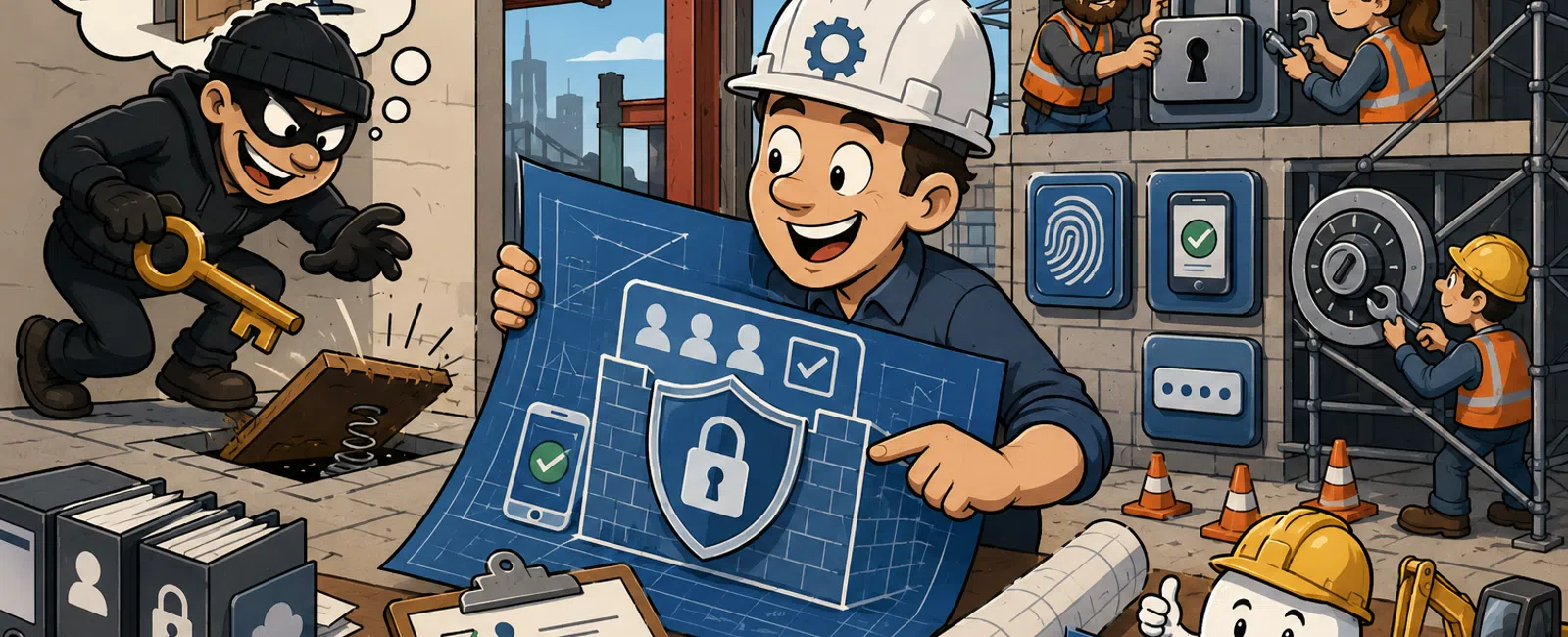 Construction workers building digital security with locks and blueprints while a thief tries to steal data through a hatch.