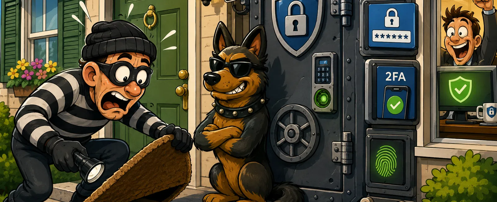 Burglar discovers hidden keys and password under doormat, guarded by security dog and advanced 2FA protection at house door.