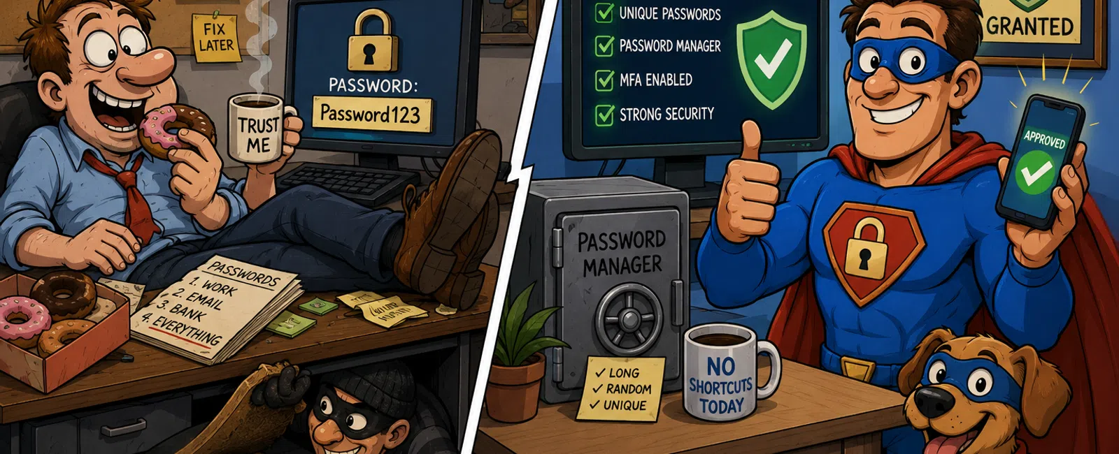 Illustration contrasting weak password habits with strong security featuring a relaxed man and a superhero with a secure setup.