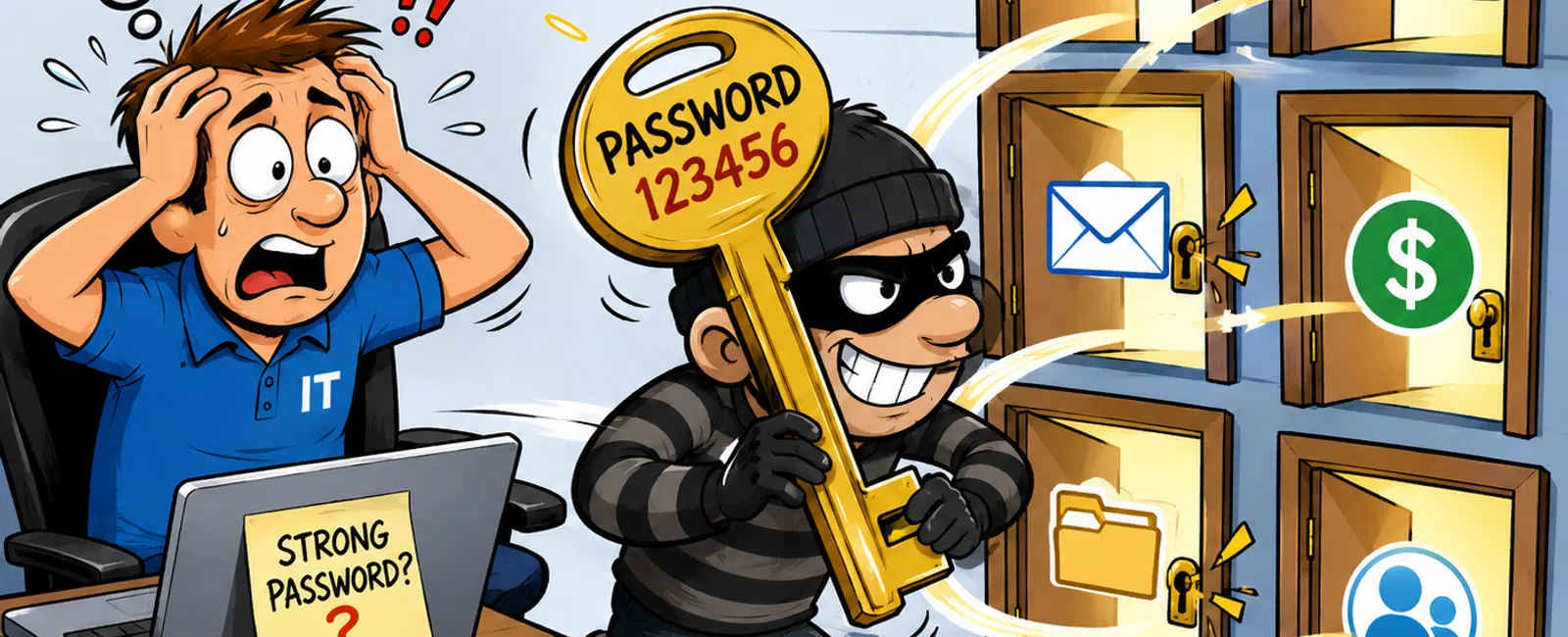 IT worker distressed as thief uses weak password key to unlock multiple digital service doors and steal data.