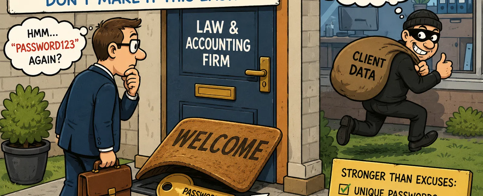 Man contemplates weak password on key under doormat while thief steals client data from law firm office.