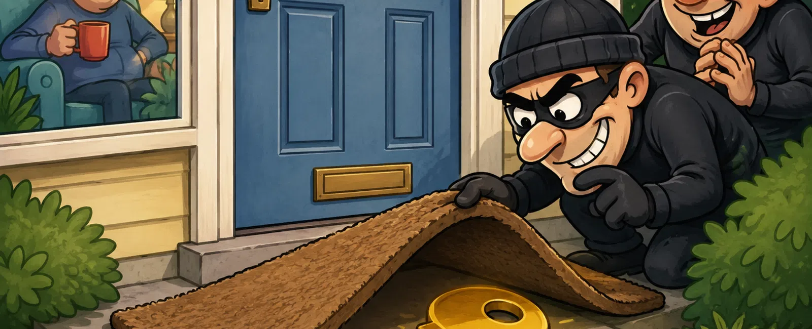 Two burglars find a large golden key hidden under a doormat as a man relaxes inside his home sipping coffee.