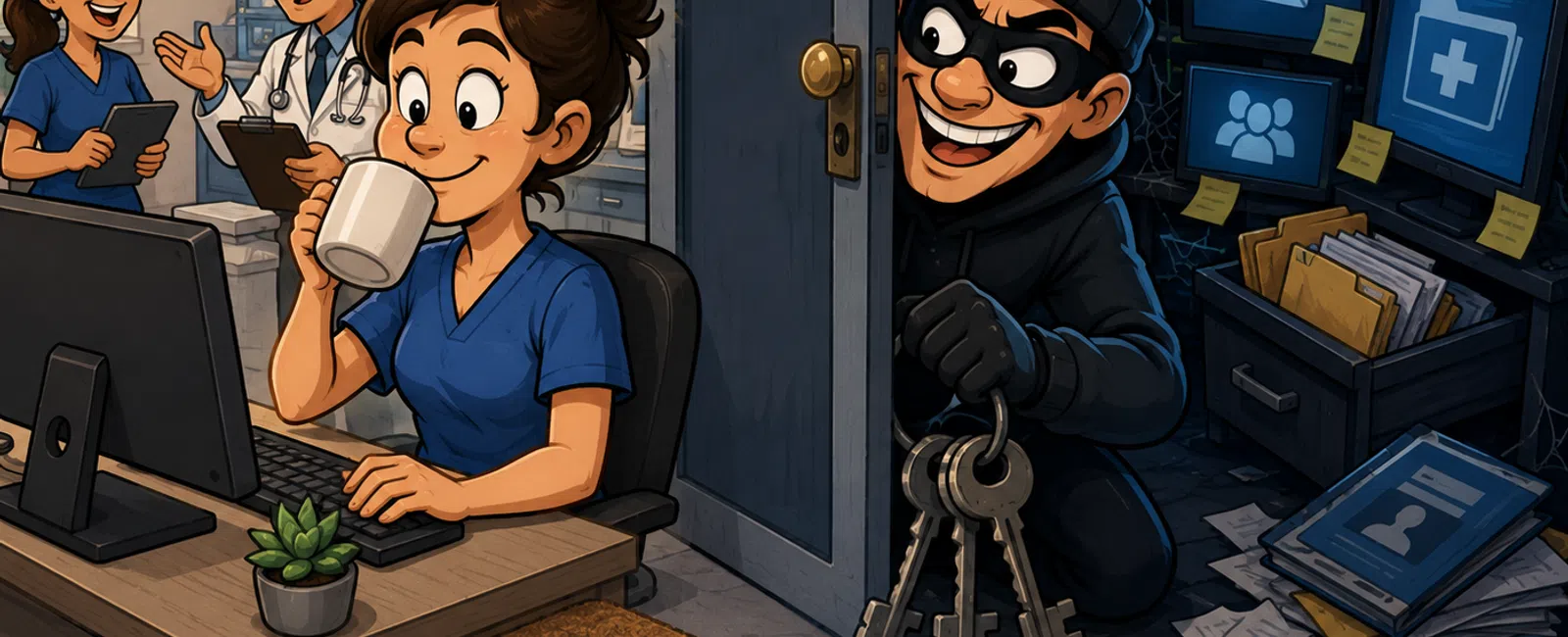 Cartoon thief holding keys sneaking behind a dentist office worker unaware at her computer with coworkers talking nearby.