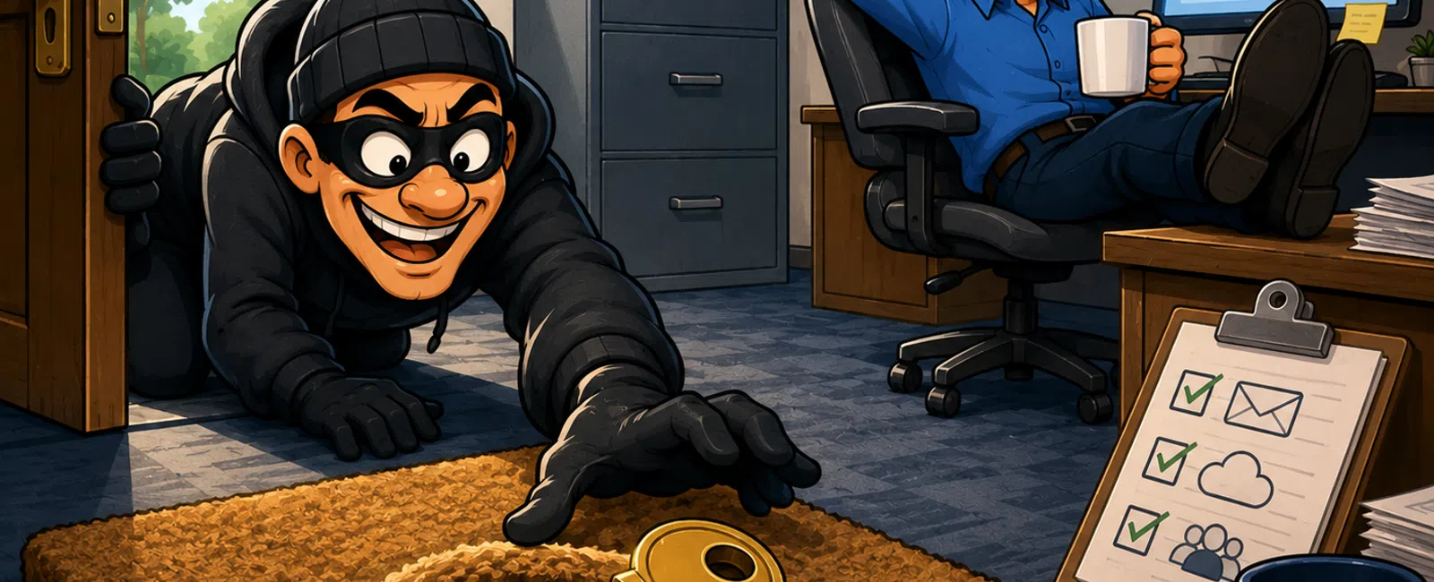 Cartoon thief sneaking in office to steal large golden key while employee relaxes unaware at desk with computer.