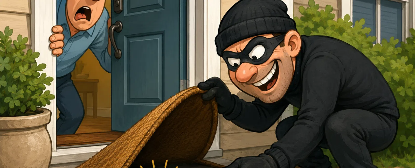A masked burglar lifts a doormat to steal a glowing golden key as a shocked man watches from the door.