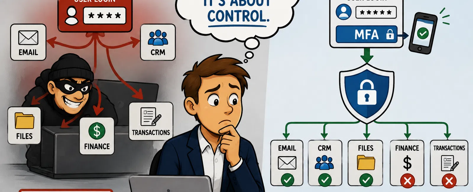 Illustration contrasting single login with excessive access versus secure login with right access and multi-factor authentication.