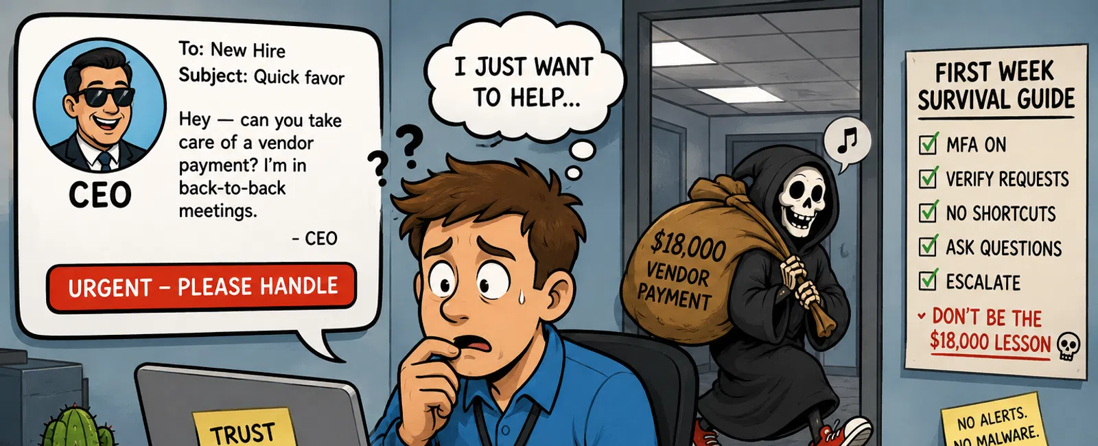 New hire stressed by urgent vendor payment request with grim reaper looming, highlighting phishing and security risks.
