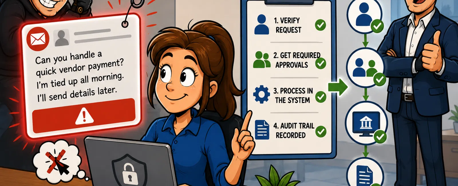 Employee at laptop verifies payment request to prevent phishing, ensuring secure, approved banking processes.