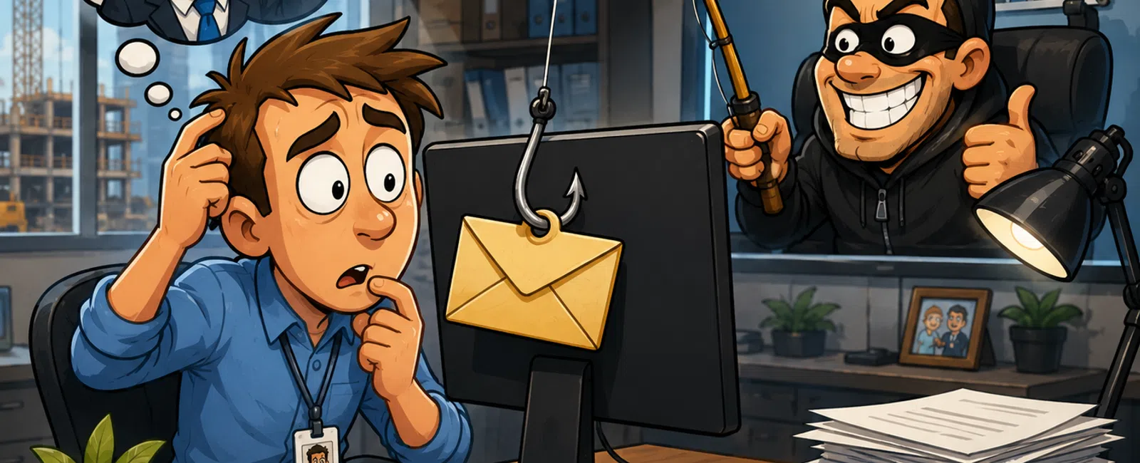 Worried office worker facing email phishing attempt from masked hacker using fishing rod at computer screen.