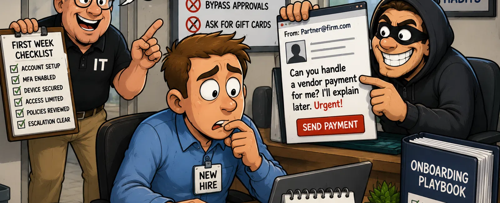 New hire faces phishing email scam warning from IT professional emphasizing security checks and cautious payment approvals.