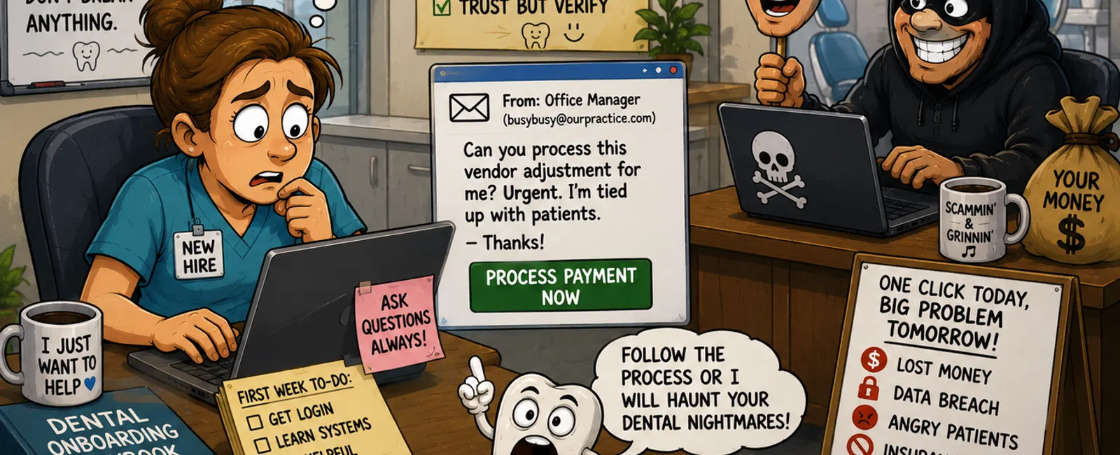 New dental office hire struggles with security tasks while a hacker threatens with data breach and stolen money.