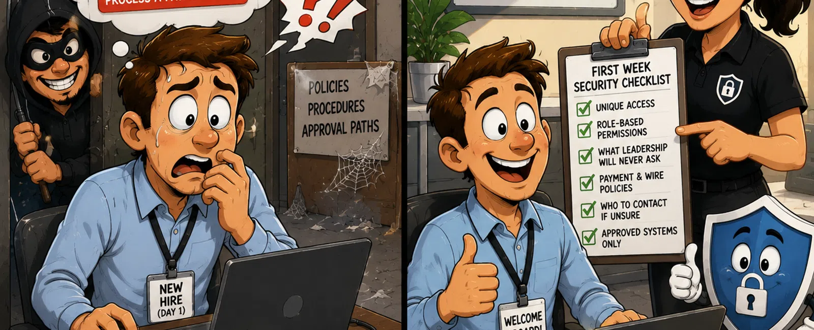 New hire struggles with security risks then receives proper onboarding and security training from expert support.