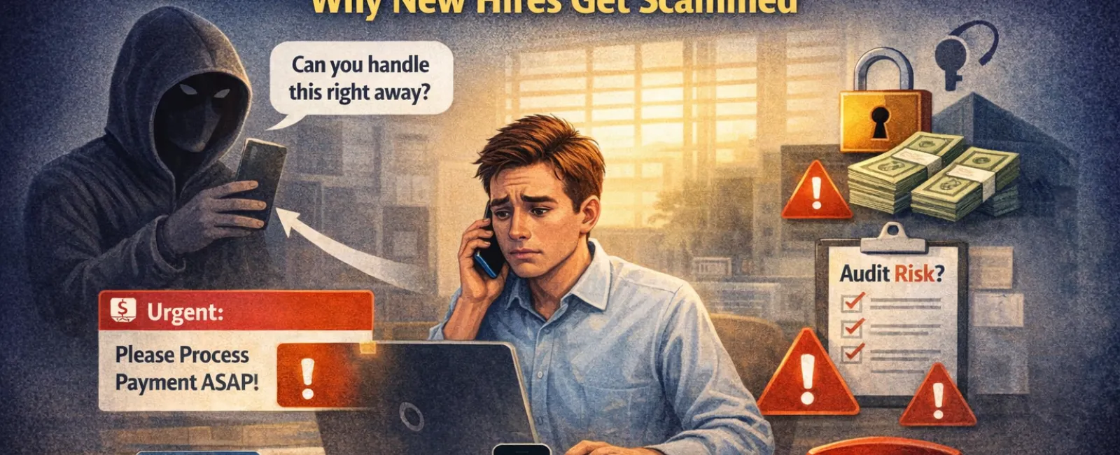New employee on phone facing scammer's urgent payment request warning about audit risks and security loopholes.