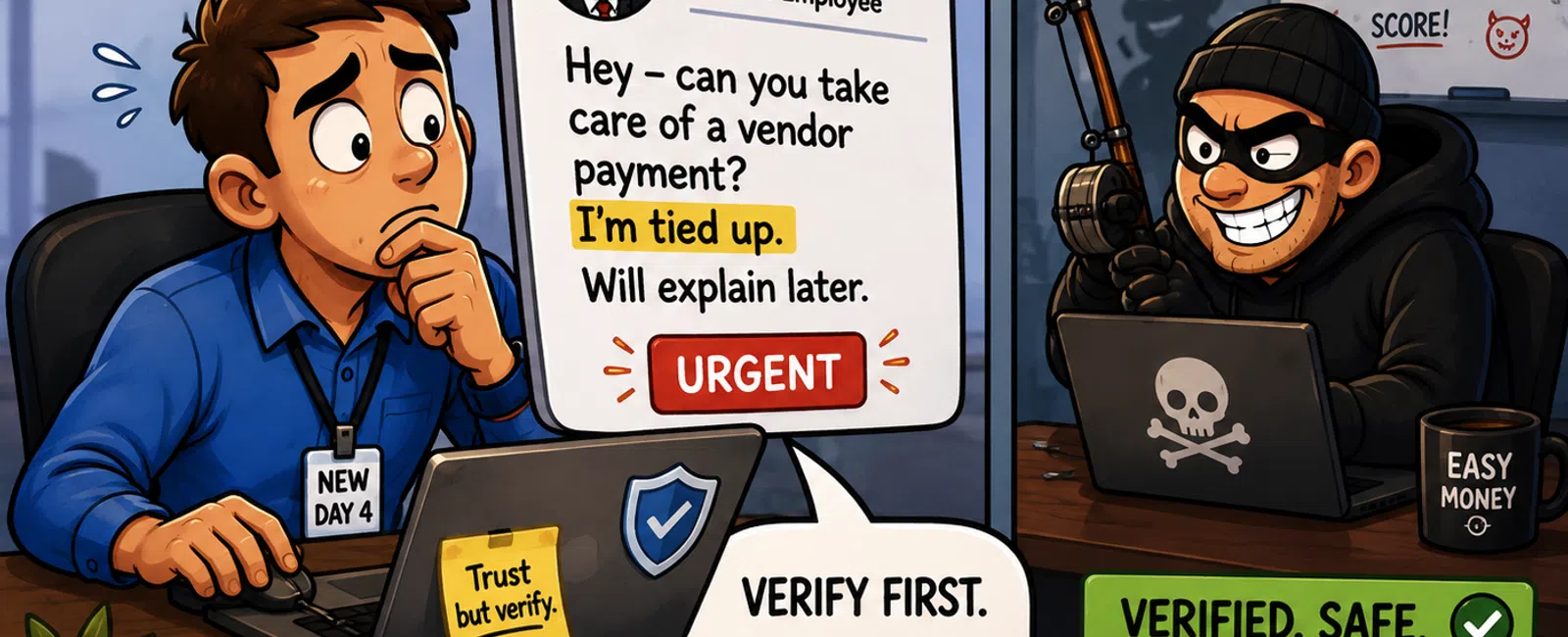 New employee hesitates to approve urgent CEO email payment request baited by hacker phishing attempt, stressing verification.