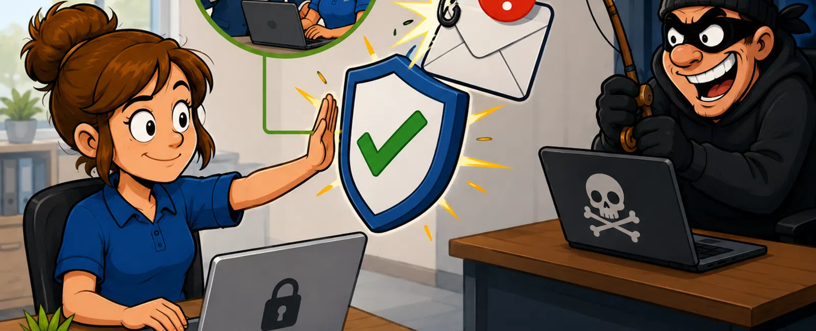 Woman at laptop uses shield to block phishing email from masked hacker trying to steal information online.