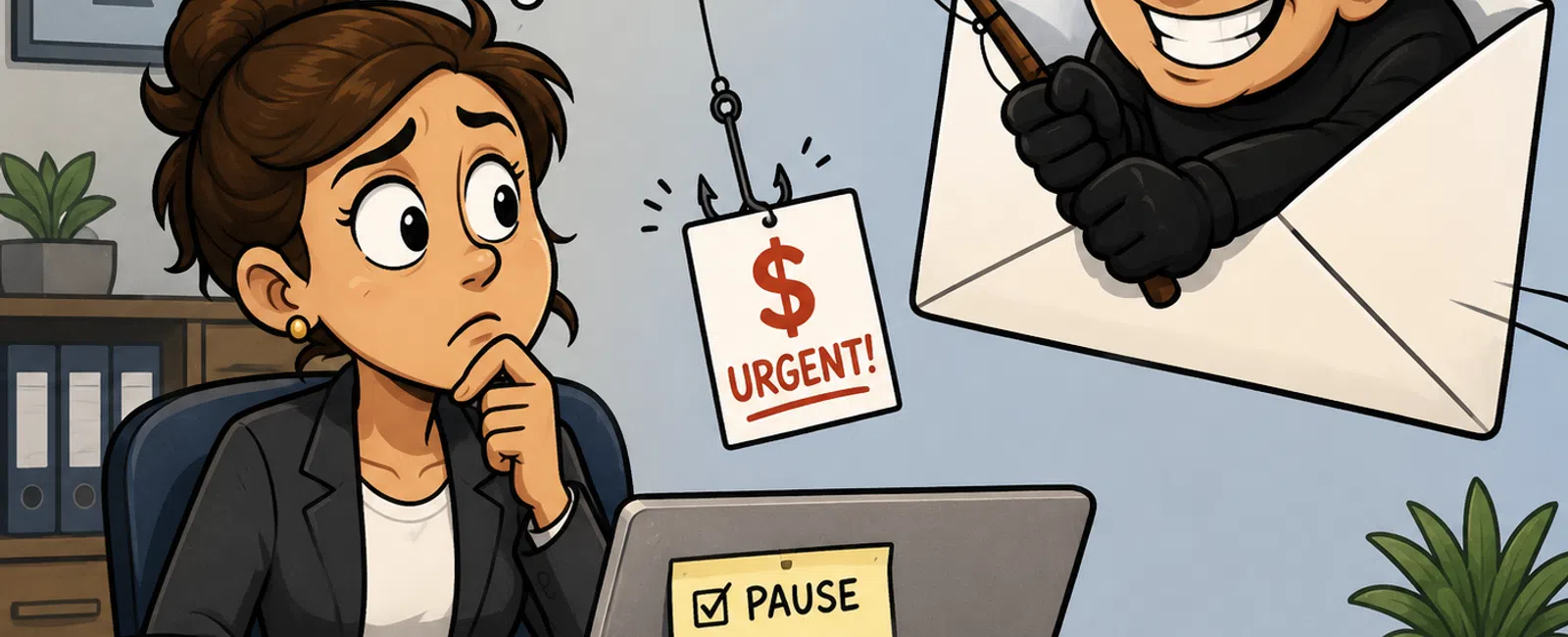 Woman at desk wary of phishing email offering urgent money, with reminders to pause, check, and verify.