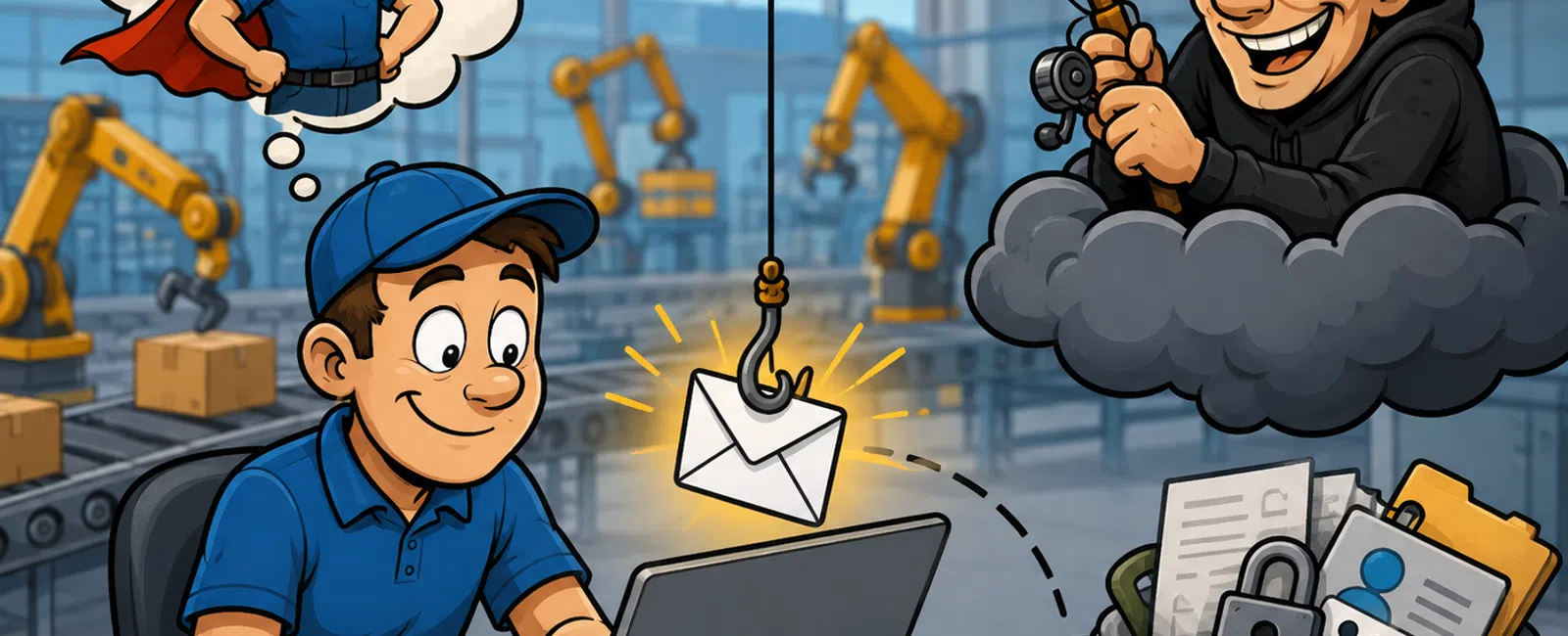 Employee working on laptop targeted by hacker using phishing email in factory setting with robotic arms.