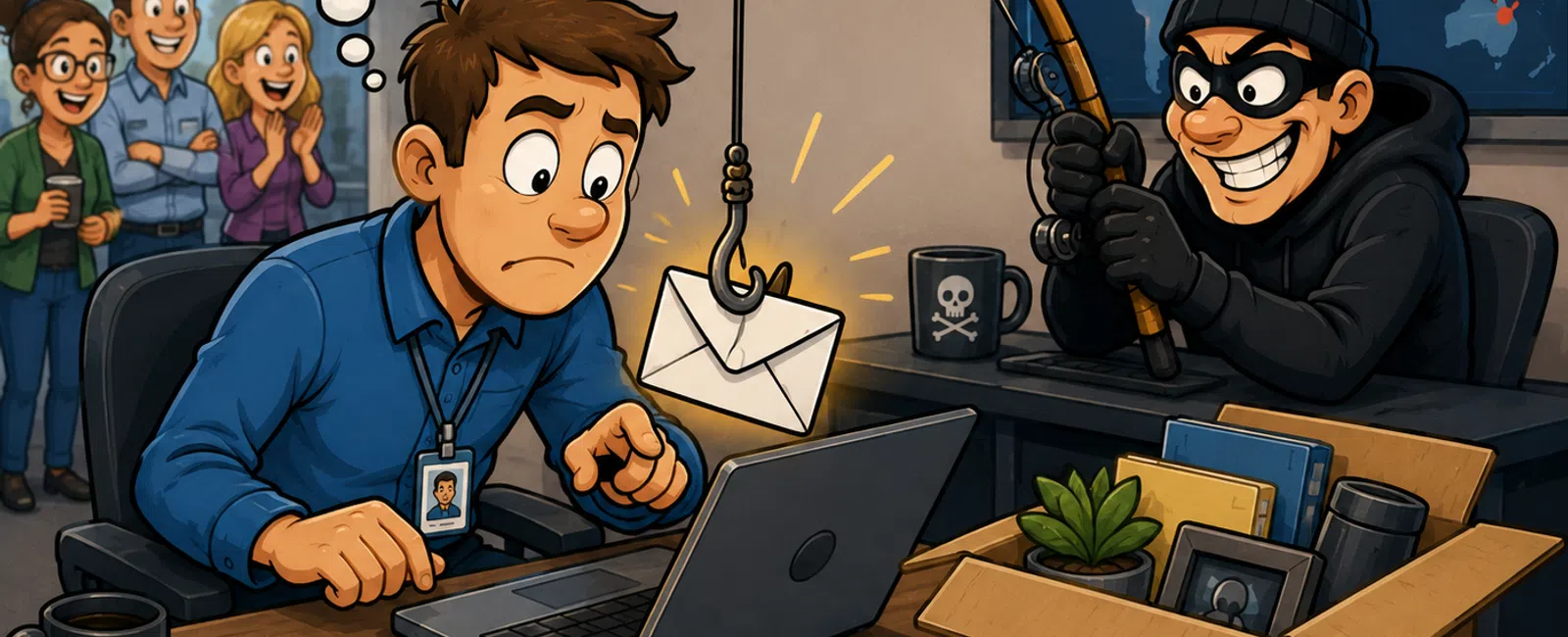 Employee about to click a phishing email bait while hacker watches in office with concerned coworkers behind.