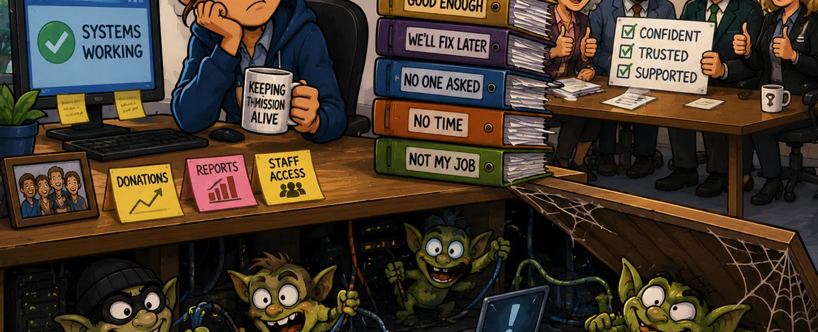 Frustrated IT worker at desk with goblins causing network issues below, while optimistic managers present confident results.