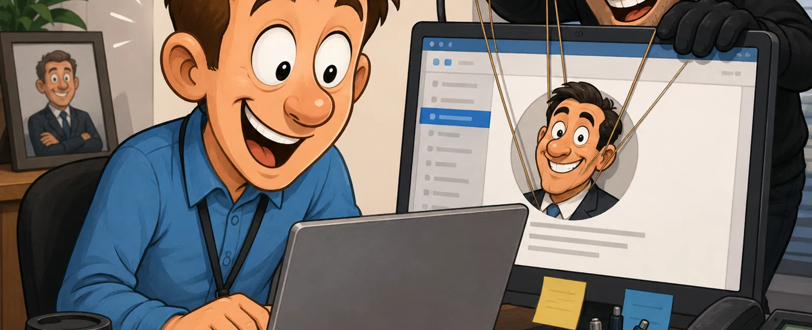 Happy man works on laptop unaware of hacker controlling his online profile like a puppet behind the screen.