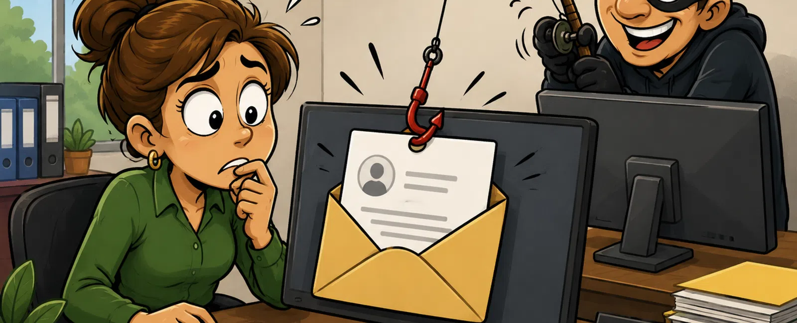 Woman at desk shocked by phishing email hooked on computer screen, hacker fishing for personal data behind her.