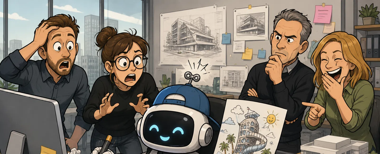 Robot drawing architectural designs at desk while surprised and amused architects watch in office studio.