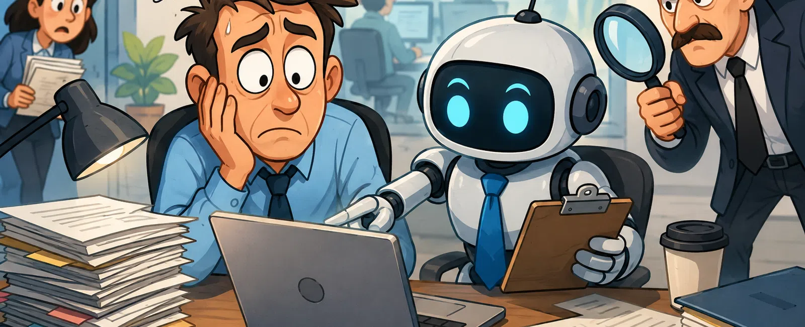 Stressed office worker and robot assistant analyzing data while detective investigates with magnifying glass