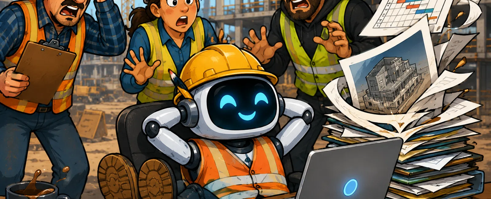 Smiling construction robot relaxes at laptop while three surprised workers watch documents fly at building site.