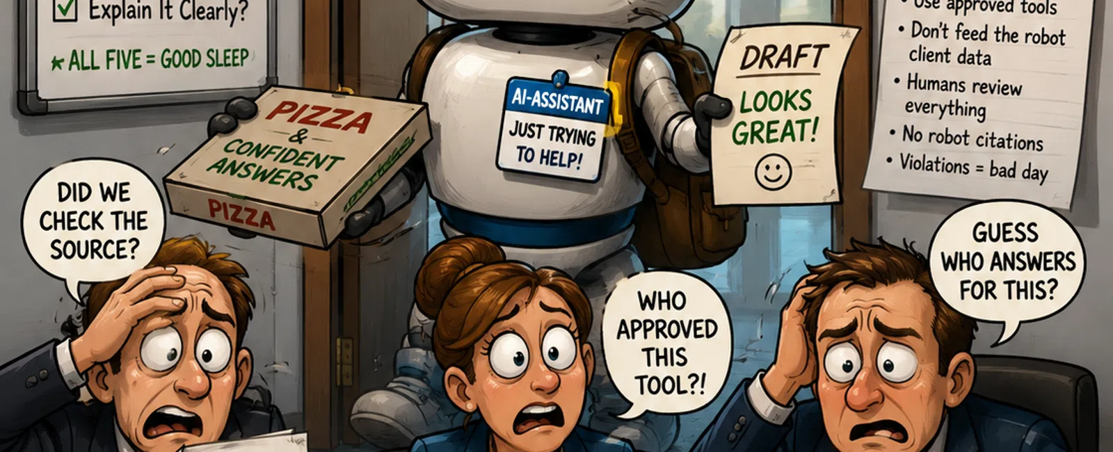 Cartoon shows stressed professionals and a cheerful AI assistant debating AI supervision and data accountability in a firm.