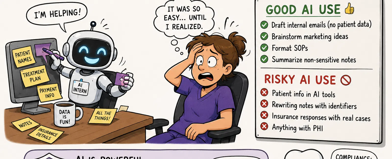 Cartoon AI intern robot helping with medical data while a worried woman realizes liability issues and AI use guidelines.