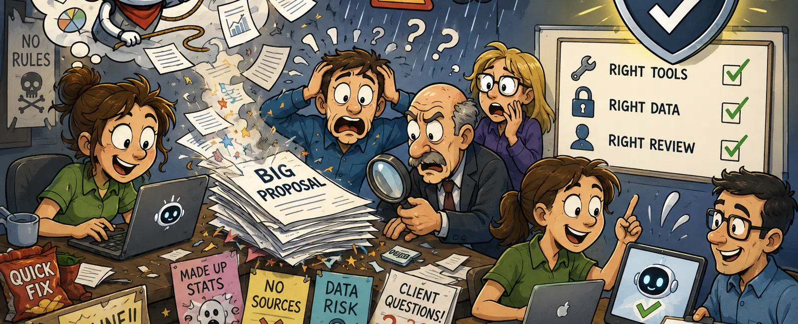 Cartoon office scene showing stressed workers, AI-controlled proposal review, and verified quality assurance checklist.