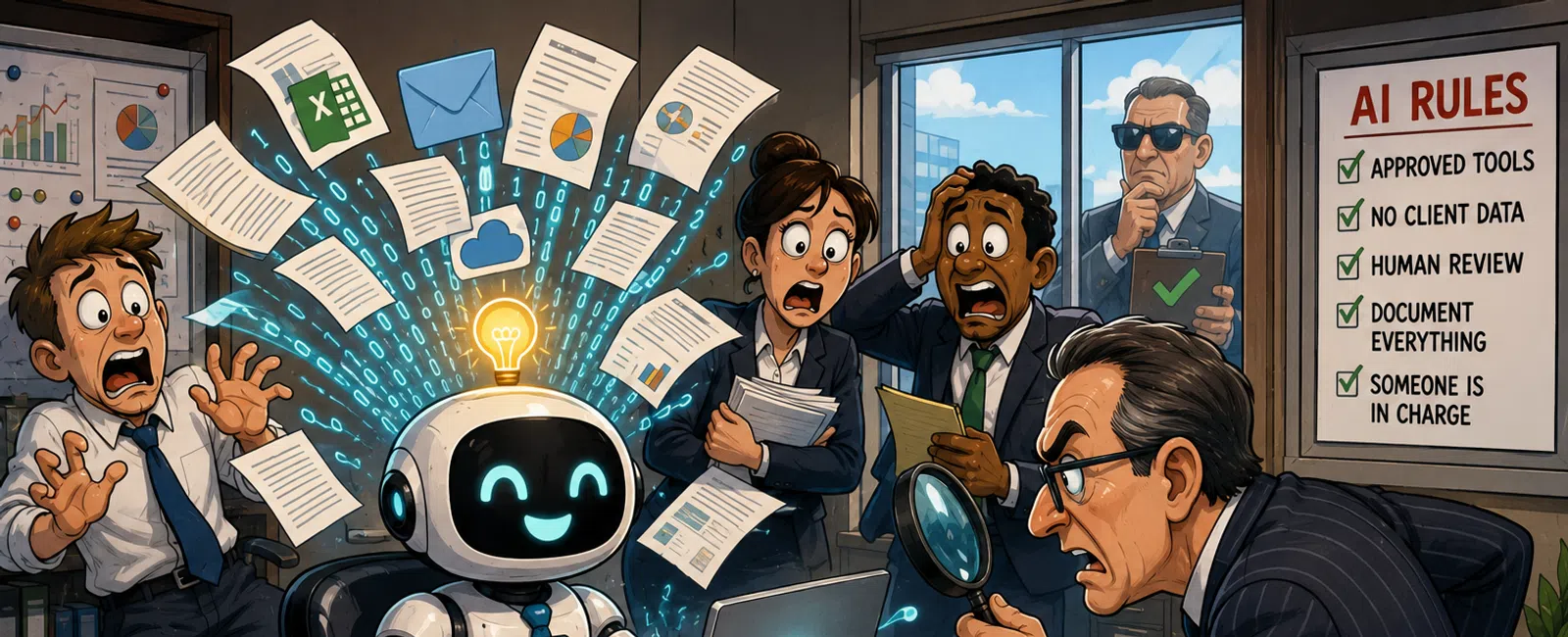 Smiling AI robot wins intern of the year, shocking coworkers amid flying data papers and strict AI rules poster.