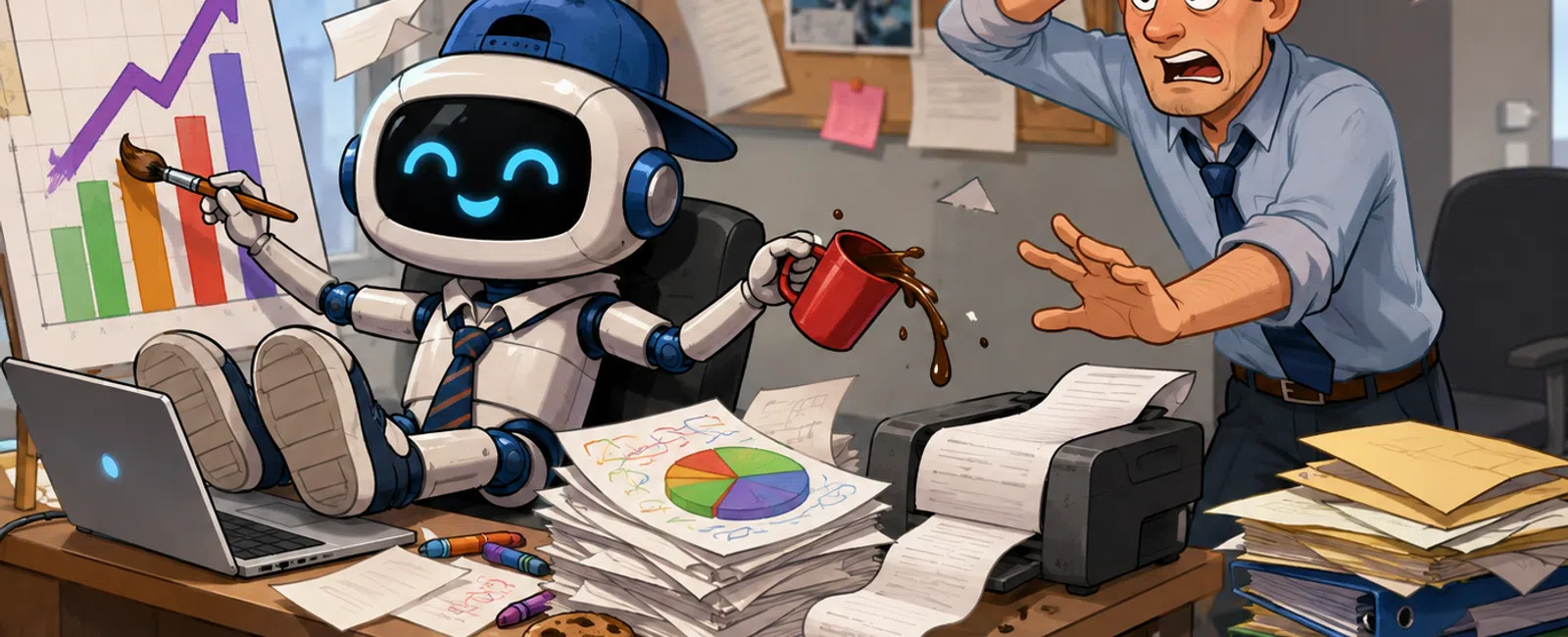 Happy robot relaxing at a cluttered office desk while spilling coffee and a stressed man reacts in the background.
