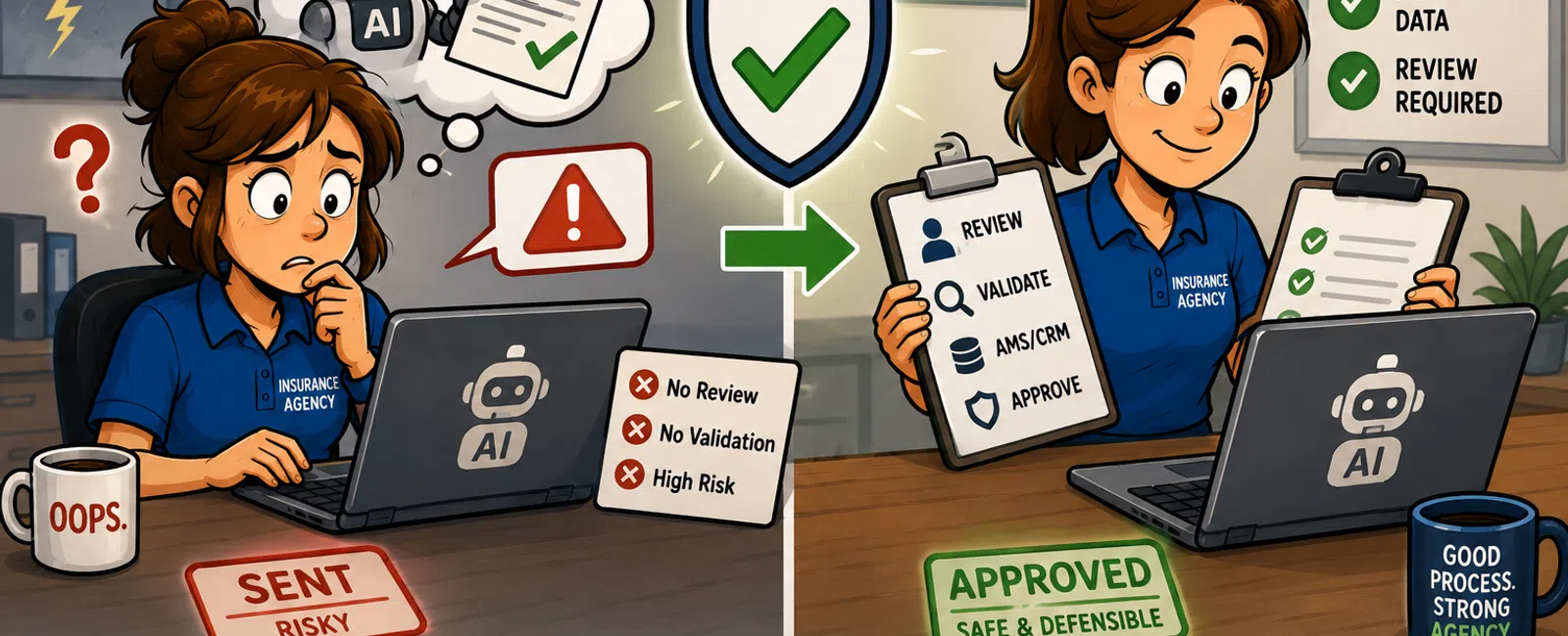Insurance agent reviews AI-generated proposal, moves from risky draft to approved, safe, and defensible workflow.
