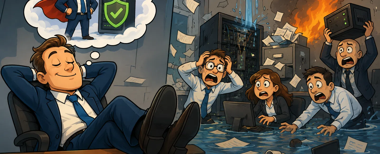 Relaxed businessman unaware while office floods and catches fire, others panic over server disaster and data loss.