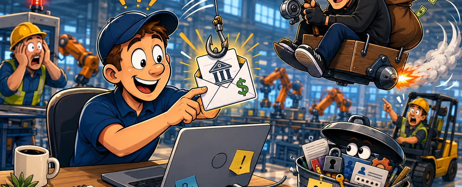 Cartoon man happily receiving a phishing email while a masked hacker steals data in a factory setting with shocked workers.